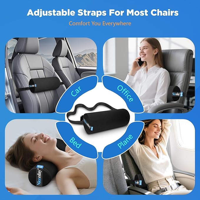 Lumbar Roll 2 Pack, Upgrated Soft & Firm Density with Non Slip Adjustable Straps, Low Back Lumbar Support for Office Chair & Car Seat Back Support Cushion, Lumbar Support for Car Seats, Desk Chair