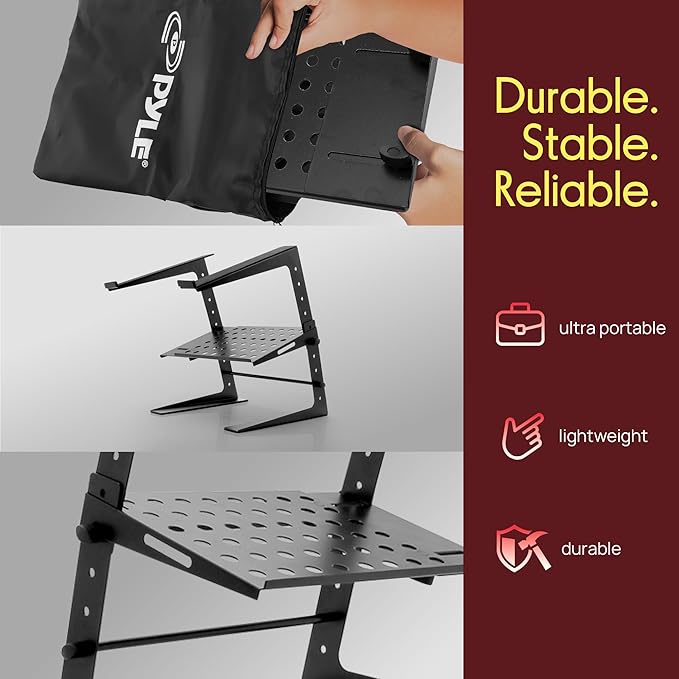 Pyle Adjustable DJ Laptop Stand with Two-Tier Storage Shelf – Portable Table for Laptop, CD Player, DJ Controller, EFX/Lighting Gear, 4 Heights, Durable, 8 lb Capacity
