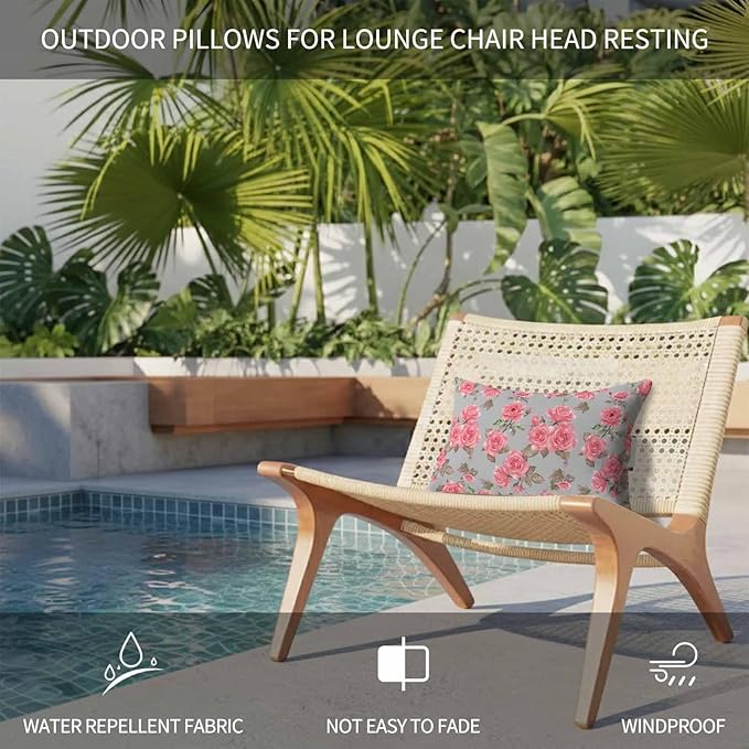 Outdoor Pillows with Insert 2 Pack-12"x20" Spring Summer Pink Rose Floral Vintage Head Pillow for Pool Lounger and Office Chair Lumbar Pillow with Adjustable Strap