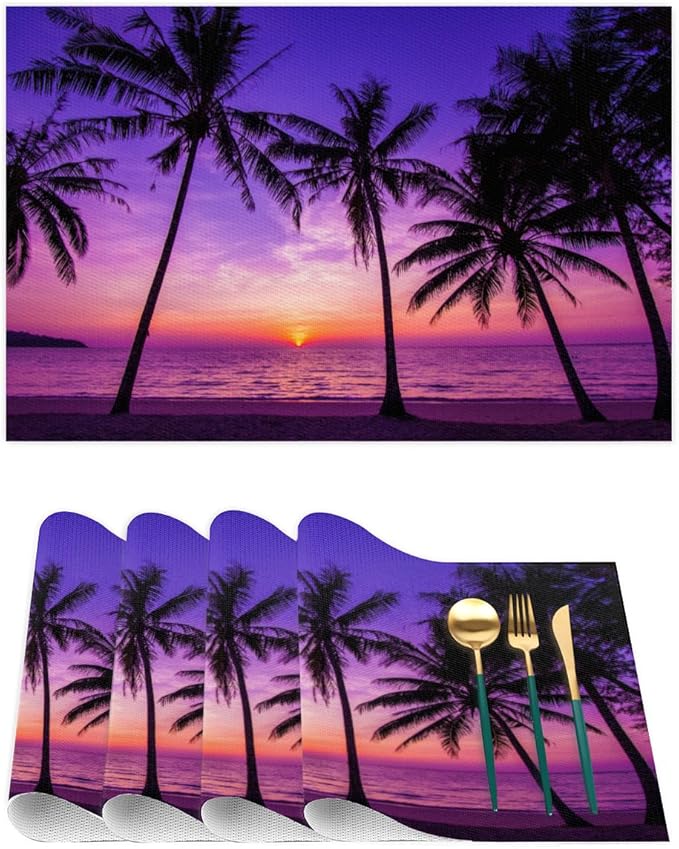 Placemats Set of 4 Heat-Resistant Rectangle Place Mats Beach Purple Sunset Washable Plastic PVC Dining Table Mat Non-Slip Wipeable Woven Vinyl Placemat for Kitchen Patio Table Decor