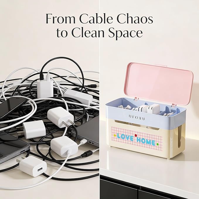 2-Tier Rolling Cable Management Box with Wheels (Large) – Mobile Power Strip Hider & Cord Organizer – Under Desk Wire Concealer & Charging Station Organizer – Baby & Pet Proof Safety (Macaron Pink)