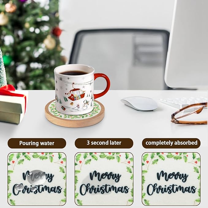 Christmas Coasters Set of 4 with Holder, Cewiru Cup Mat for Drinks, Absorbent Coasters with Felt Insert for Coffee Table Protection, Modern Style Home Dining Table Decor, 4.3"