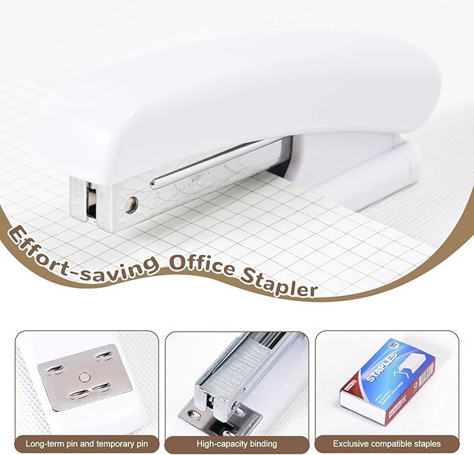White Desk Accessories 12Pcs Set, Cute Office Supplies Decor for Women, 360° Rotating Pen Holder Organizer with Stapler, Tape Dispenser, Staple Remover, Staples, Tape, Clips Set, Ruler, Scissor, Pen