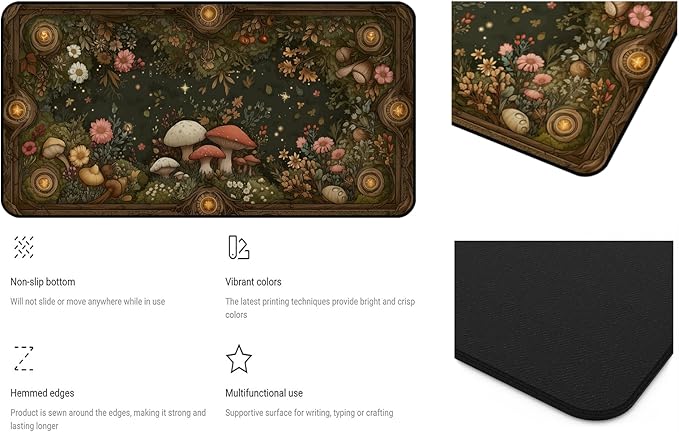Mushroom Mouse Pad, Retro Forest Plant Flower Desk Mat,Large Gaming Mouse Mat with Stitched Edges,Non-Slip Waterproof Rubber Base Mouspad for Office Computer Keyboard Laptop Home,31.5"X15.7"