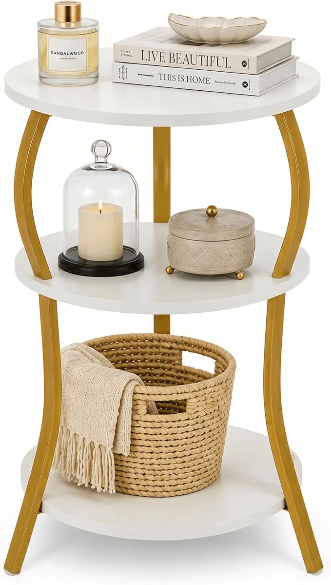 Vintage Small Round Side Table, 3-Tier Slim Waist Circular End Table with Storage Shelf, Compact Tea Sofa Table, Round Corner Coffee Table Nightstand for Living Room Bedroom Small Spaces,White+ Gold