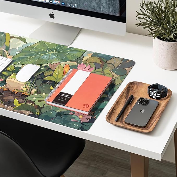 Cute Desk Mat, Anime Frog Large Mouse Pad for Desktop, PU Leather Waterproof Desk Pad, Anti-Slip Computer PC Laptop Protector Gaming Mouse Pads for Office Home Decorations (27.5" x 13.8")