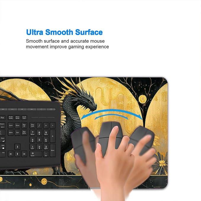 Dragon Desk Mat Black Gold Flower Petal Mousepad XL Large Gaming Mouse Pad Laptop Keyboard Mat Desk Pad for Office Desktops, Home Workstations, and Laptops 31.5x11.8 Inch
