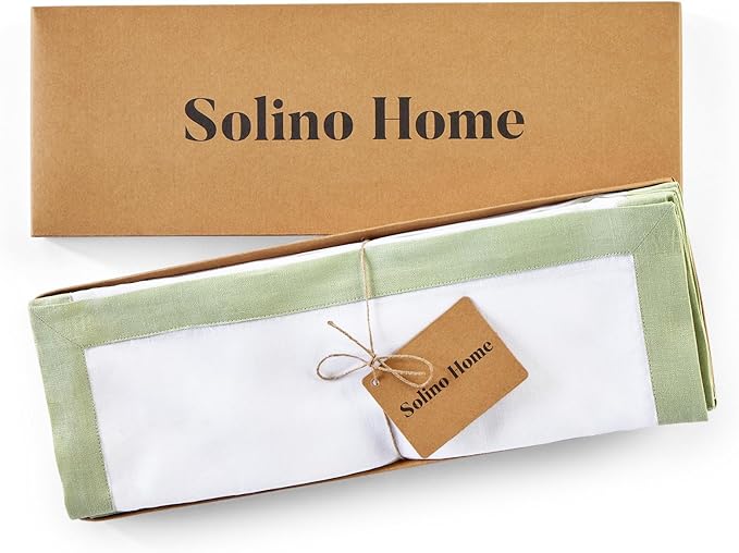 Solino Home Linen Placemats Set of 4-100% Pure Linen Sage Green and White Placemats 14 x 19 Inch for Spring, Summer - Classic, Handcrafted and Machine Washable