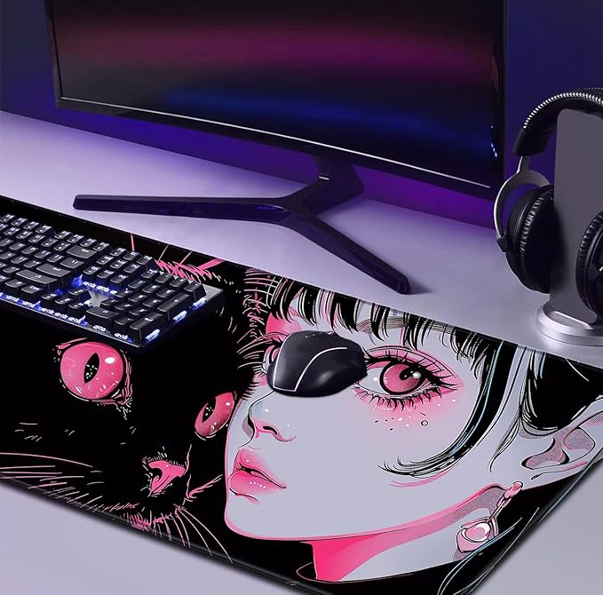 Cute Anime Black Cat Mouse Pad, Anime Aesthetic Table Pad XXL, Extended Mouse Pad Gaming Table Pad Laptop Keyboard Pad 35.4X15.7 Inch Anti Slip Rubber Base Stitching Edges ﻿
