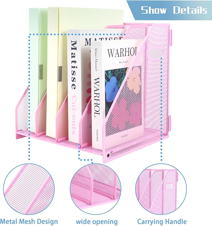 Desk Organizers Metal Magazine File Holder Racks Desktop Folder Storage Binder Organiser Document Organization for Home Office & Classroom,4 Vertical Compartments-Pink