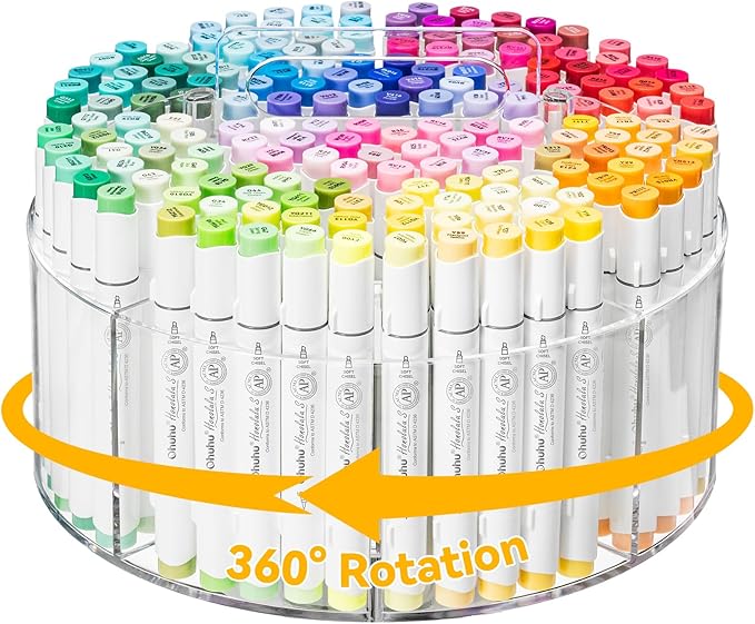 Ohuhu Acrylic Marker Organizer for Alcohol Markers, 360° Rotating Clear Acrylic Holder with Hidden Handle, 10 Compartments for Markers, Pens & Pencils, Home Classroom Office Desk Organizer