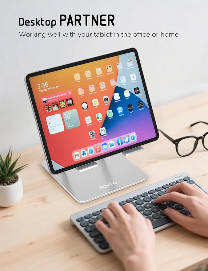Aoviho Tablet Stand Holder for Desk, Adjustable Desktop Tablet Holder, Foldable Aluminum Tablet Mount for iPad pro 11, iPad Air Mini, Samsung Galaxy Tabs Z Fold Kindle Fire 4-12 inch, Silver