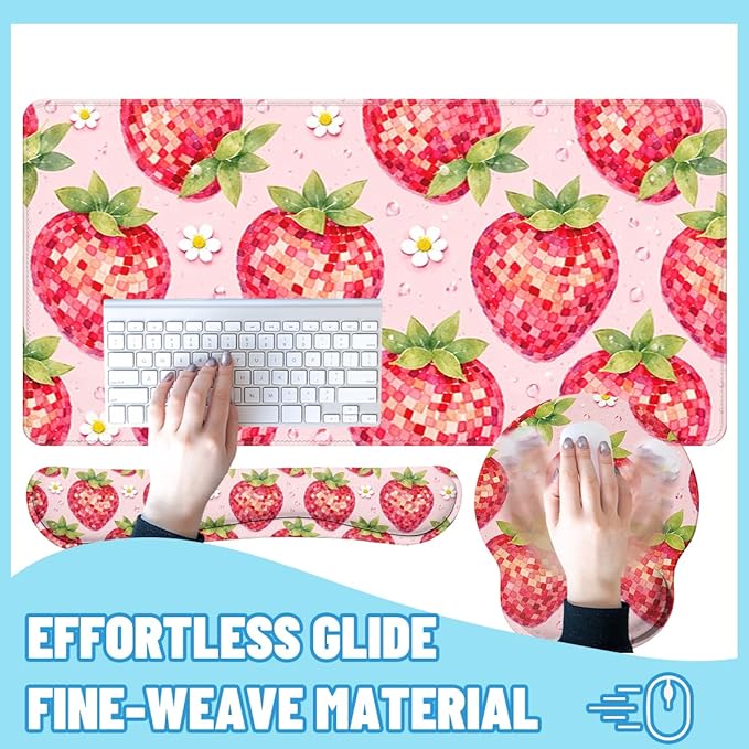 Strawberry Disco Desk Mat Set Fruit Pink Checkered Cute Large Mouse Pad with Wrist Rest 4in1 Desk Mat for Desktop Ergonomic Computer Desk Arm Wrist Anti-Slip Computer Mouse Pad Home Office Gaming