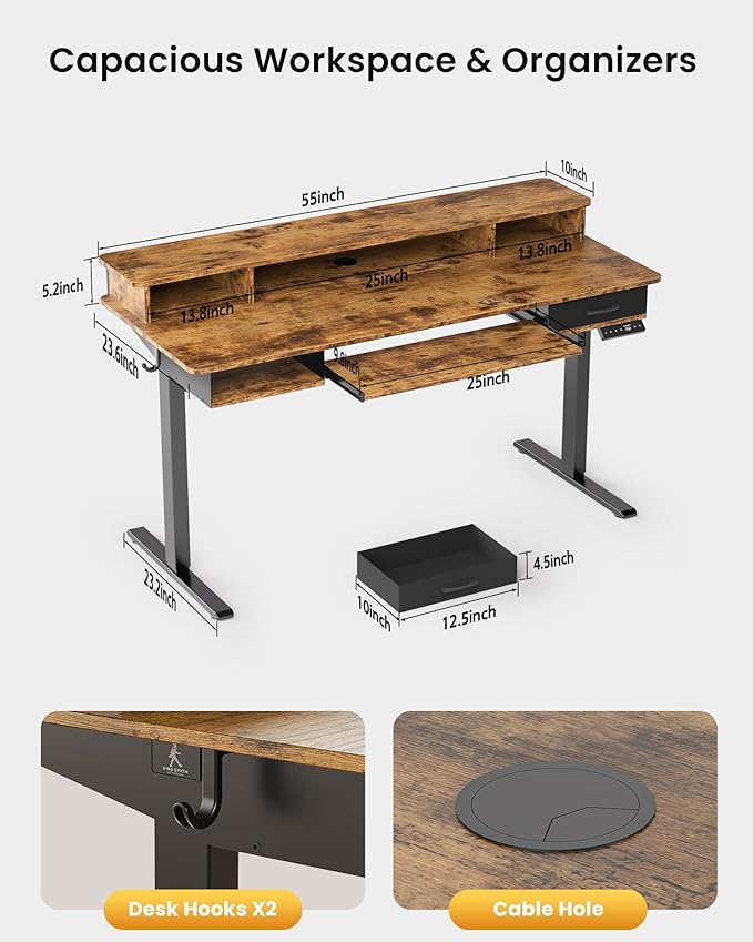 Electric Standing Desk with Keyboard Tray, 55x24 Inches Height Adjustable Stand up Desk with 2 Drawers, Ergonomic Sit to Stand Table with Storage Monitor Stand, Rustic Brown