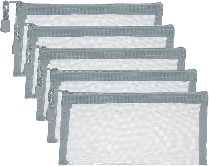 PATIKIL A6 Mesh Zipper Pouch Bags, 5 PCS Mesh Bags with Zipper Plastic Storage Pocket for Organizing File Beads Office Home Supplies, 10x20cm, Gray