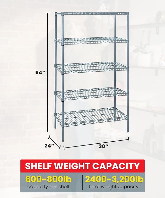 Quantum Storage Systems WR54-2430GY-5 Wire Shelving 5 Shelf Starter Units, 24" x 30" x 54", Gray Epoxy