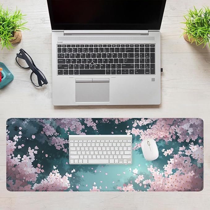 Cherry Blossom Gaming Mouse Pad Dream Sky Petals Large Gaming Mouse Mat with Stitched Edges,Non-Slip Waterproof Rubber Base Mous Mat Office Computer Keyboard Laptop 31.5"x11.8"
