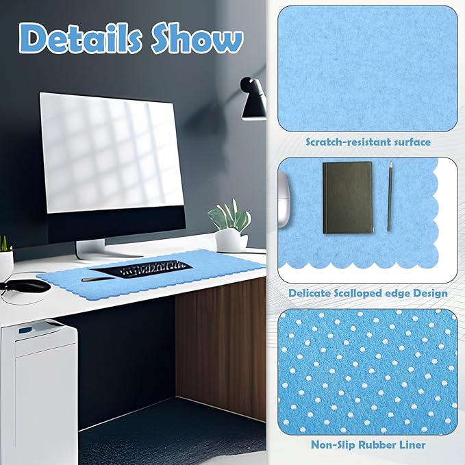Copkim 35 x 16.5 Inch Felt Desk Mat with Scalloped Edges, Large Felt Mouse Pad Non Slip Scalloped Computer Laptop Desktop Pad for Keyboard and Mouse Home Office(Blue)