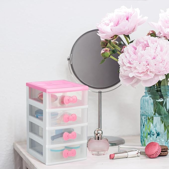Tatuo Lovely Receiving Storage Cabinets Kawaii Makeup Organizer with 4 Layers Cute Storage Cabinet Box with Bow Handle Plastic Desktop Storage Box for Home Bedroom Bathroom Women Gifts(Clear)
