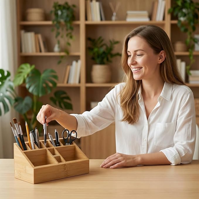 Bamboo Small Art Supply Organizer, Pen Holder Multifunctional Organizer Office Accessory Storage, Desk Organizer for Colored Pencil, Crayon, Paint Brushes, Makeup Organizer