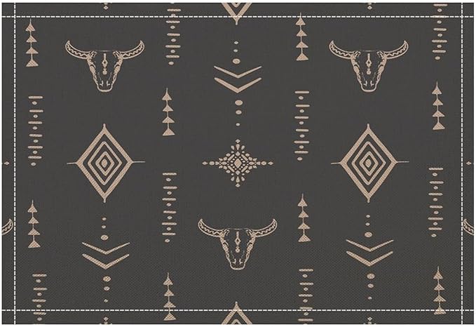 Western Cow Skull Placemats Vintage Western Boho Style Aztec Ethnic Minimalist Linen Washable Table Mats Stain Heat-Resistant Desktop Decor Place Mats for Home Kitchen Dining Party 12x18 in 6 Pcs