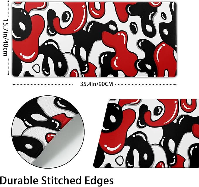 Red Black White Gaming Mouse Pad Geometric Japanese Extended XXL Mouse Pad 35.4X15.7in Full Desk Mousepad Gaming with Stitched Edges and Non-Slip Base Keyboard Pad for Worker Gamer Desktop Laptop