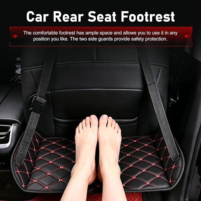 Car Foot Hammock, Leather Comfortable Car Seat Foot Rest, Ergonomic Vehicle Seatback Legs Relaxation Accessory, Universal for Traveling Camping Office (Black & Red)