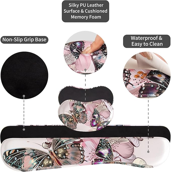 QiyI Leather Desk Mat Set, 4-in-1 Large Mouse Pad with Wrist Rest, Non-Slip Desk Pad + Keyboard Wrist Rest + Mouse Wrist Support + Coaster, Office Desk Accessories Home Decor Supplies, Butterflies