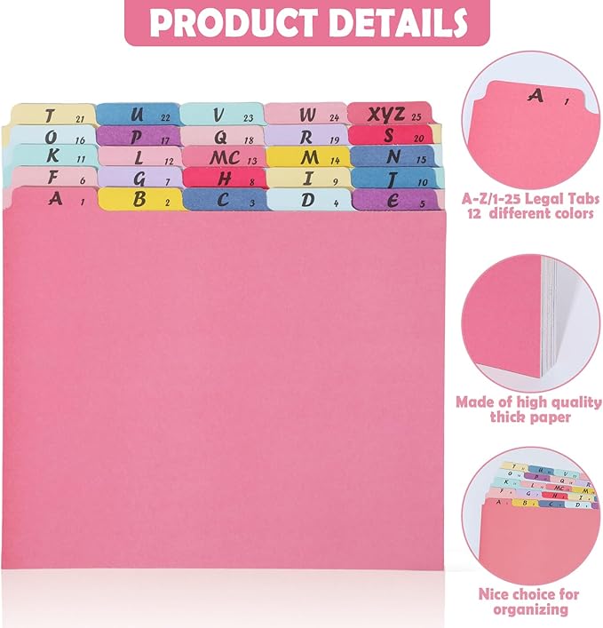 1 Set 25 Alphabet File Dividers A-Z Top Tab File Guides Letter Size 1/5 Cut Tab Manila Alphabetical Files Organizer Filing Cabinet Dividers for Work Office Home School Desk Organizer (Vibrant)