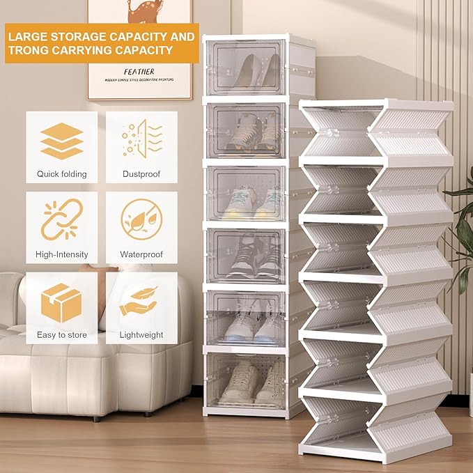 Foldable Shoe Storage Organizer, Stackable Boxes for Closet, Foldable Space-Saving Shoe Rack for Sneaker Boot Container, Acrylic Shoe Cabinet Shoe Box（6 Pack,White