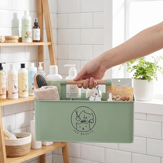Premium Dog Cat Grooming Supplies Organizer with Wooden Handle,4-Compartment Metal Caddy for Pet Stuff -Powder Coated Dog Storage Bin for Hair remover Brush Nail Clipper Scissors-Green