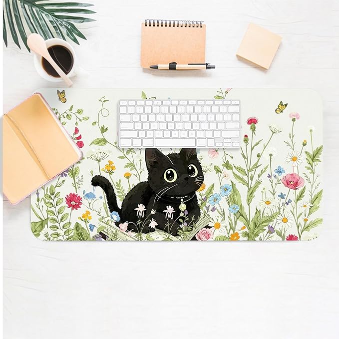 Cute Desk Mat, Floral Book Cat Large Mouse Pad for Desktop, PU Leather Waterproof Desk Pad, Anti-Slip Computer PC Laptop Protector Gaming Mouse Pads for Office Home Decorations (27.5" x 13.8")