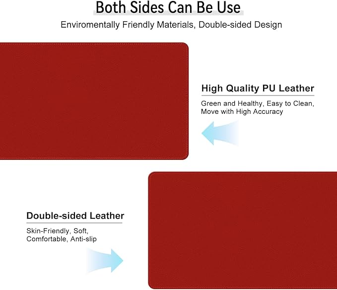 Dual Sided Leather Desk Mat - Waterproof Desk Pad - Ideal for Large Mouse Pad and Desk Mats on Top of Desks (red, 25"*13")