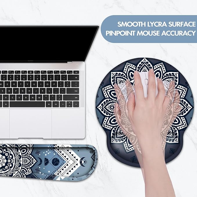 Keyboard Wrist Rest, Ergonomic Mouse Pad Wrist Support, Memory Foam Wrist Rest, Anti-Slip Base, Mousepad with Coaster for Computer Keyboard Office Home, Mandala