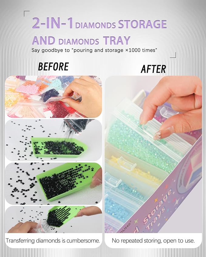 forever young 8pcs Diamond Painting Storage Containers Trays, Diamond Painting Accessories Diamond Painting Trays with Lids, 2-in-1 Diamond Art Storage, Bead Storage & Line-Up, Purple Box