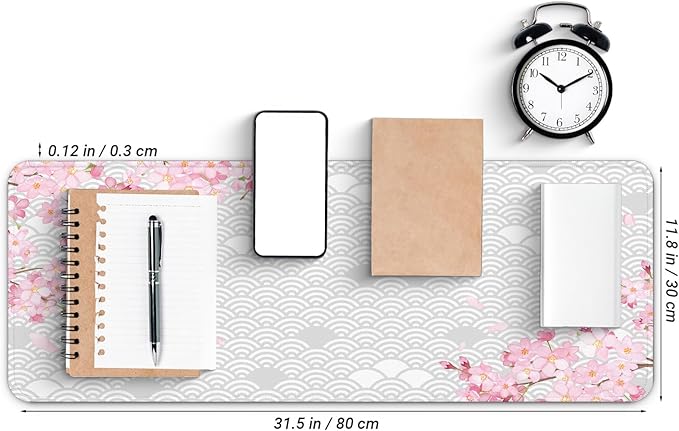 Gaming Mouse Pad with Anti-Slip Rubber Base, Extended Large Computer Mouse Mat with Stitched Edges, Long XL Anime Mousepad for Laptop and Keyboard, 31.5 x 11.8 inch (Grey Cherry Blossom)