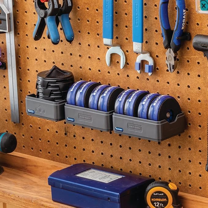 Bench Cookie Storage Rack Starter Kit(Pack of 3)-ABS Plastic Holder for Finishing Bridges & More - Wall, Pegboard Mount Work Bench Grip Box - Tool Organizer w/Side Notches - Woodworking Pucks w/Screws