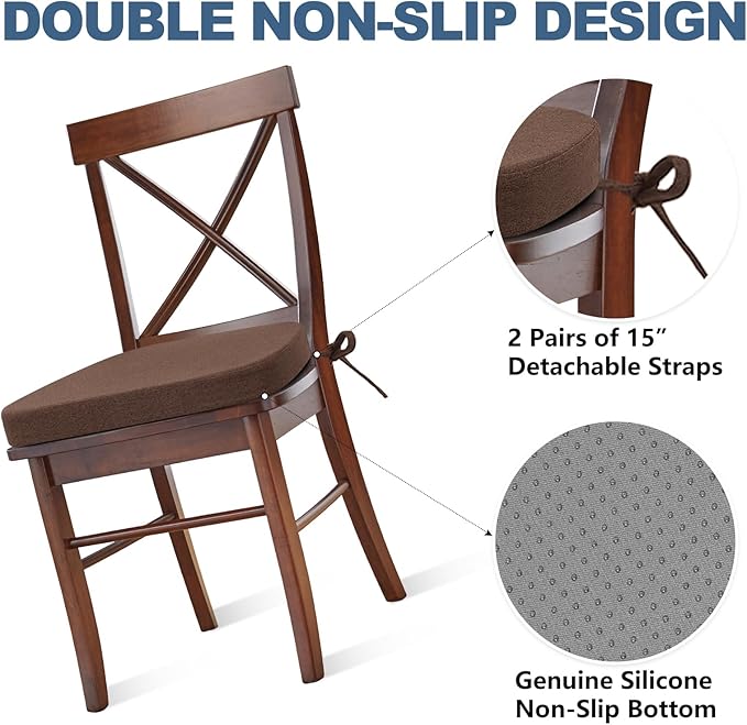 Shinnwa Dining Chair Cushions Set of 6, Non-Slip Kitchen Chair Cushions with Detachable Straps and Machine Washable Cover, 6 Pack, 17x16x2in, Brown