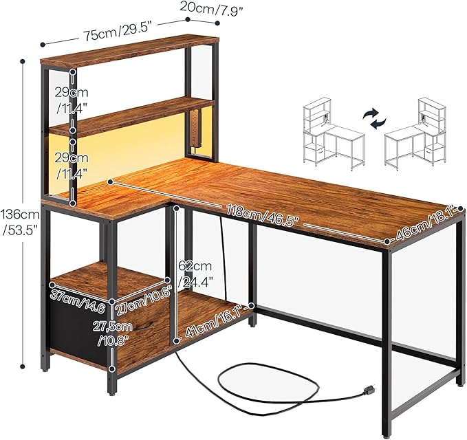 HOOBRO Computer Desk Bundle, L Shaped Gaming Desk with LED Light & Power Outlet, Storage Shelves & Drawer, 3 Hooks for Study Room, Home Office, Rustic Brown and Black BF40UDN01-BF18UDDN01