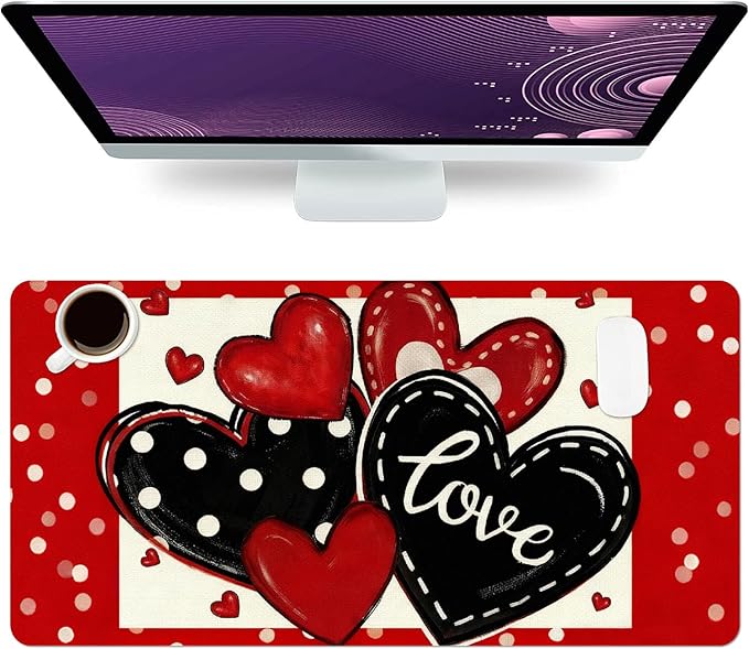 Valentine‘s Day Mouse Pad PU Leather Red Peach Heart Desk Mat Large Waterproof Gaming Pad Non-Slip Keyboard Mouse Pad Writing Pad for Gamer Office&Home