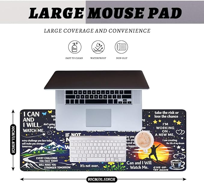 Motivational Quotes Mouse Pad Inspirational Night Sky Extended Mousepad Waterproof Stitched Edges Rubber Base Non-Slip Deskmap Computer Keyboard Mat 31.5x11.8 Inch