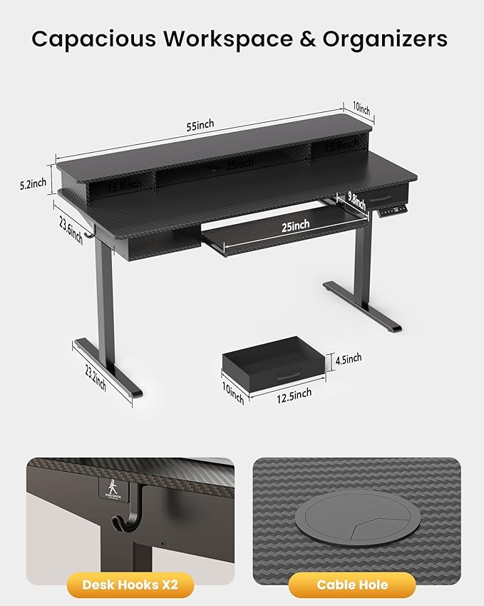 Electric Standing Desk with Keyboard Tray, 55x24 Inches Height Adjustable Stand up Desk with 2 Drawers, Ergonomic Sit to Stand Table with Storage Monitor Stand, Black