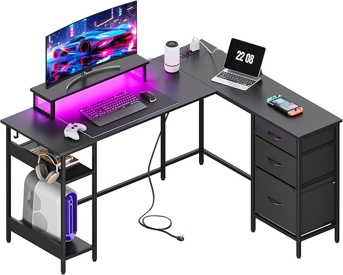 DEVAISE 55 Inch L Shaped Gaming Desk with Drawers and Storage, Corner Desk with LED Lights, Power Outlets, Computer Desk with Monitor Stand, Office Desk for Home, Black