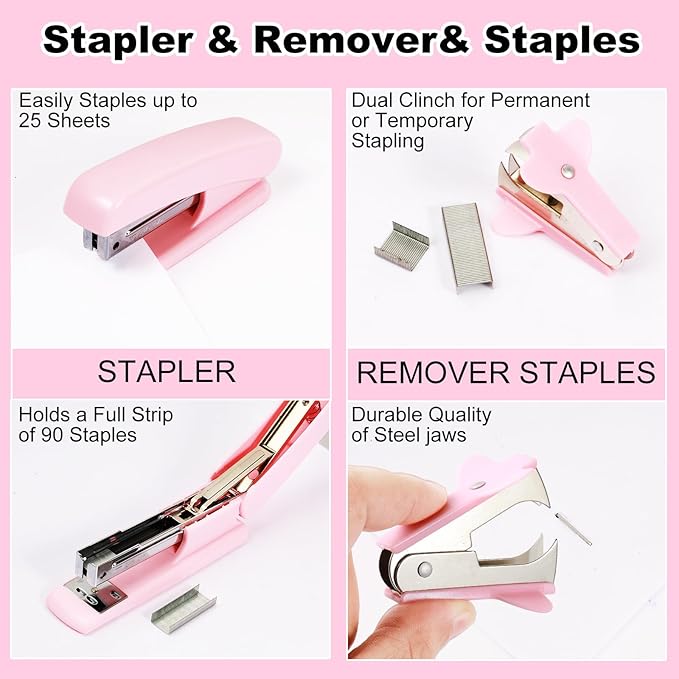 Gawsey Pink Desk Organizers and Accessories Set with 360-Degree Rotating Pen Holder, Tape Dispenser, Stapler, Staple Remover, 1000 Staples, Tape, Clips Set, Ruler, Scissor, Pen
