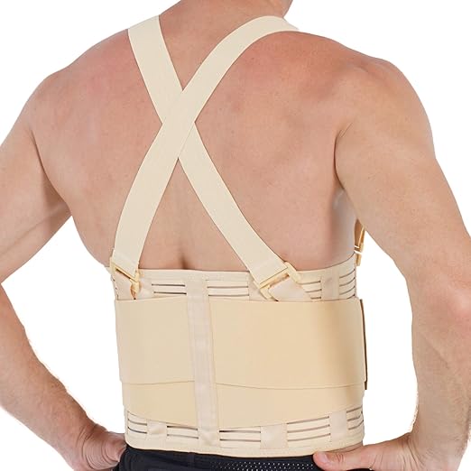 NeoTech Care Back Brace with Suspenders for Work - Industrial Lifting Safety, Elastic Compression, Hook & Loop Closure (Beige, Size S)