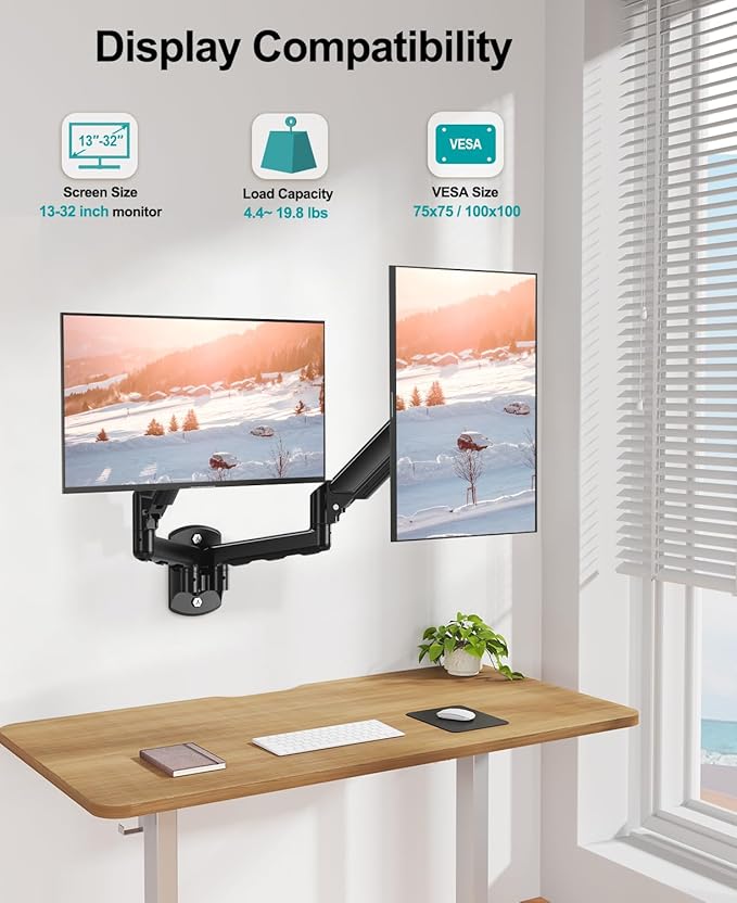 MOUNT PRO Dual Monitor Wall Mount for 2 Computer Screen up to 32 Inch, Gas Spring Double Monitor Arm Holds Up to 17.6lbs Each, Full Motion Adjustable Wall Monitor Mount, VESA Mount 75x75/100x100