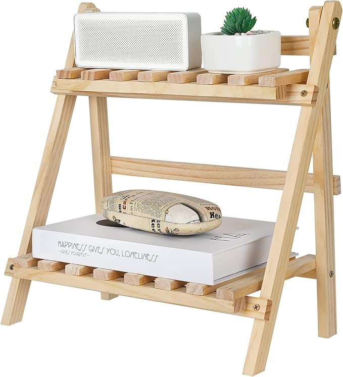 Jotsport 2-Step Desktop Storage Organizer Foldable 2 Tier Ladder Plant Stand Wood Display Shelf Decorative Storage Rack for Table Top