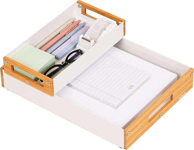 Mind Reader Metal and Wood Tiered Desktop Organizer Trays with Cutout Handles, Stackable Office Storage, Office, Entryway, Coffee Station and Home Organization, Metal and Wood, Set of 2, White