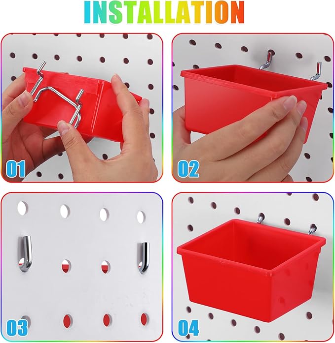Roowest 60 Pcs Pegboard Cups Pegboard Bins Set, Wall Organizer with Hooks and Loops, Hooks Assortment Organizer Accessory for Office Storage Garage Craft Workshop(Multi Colors)