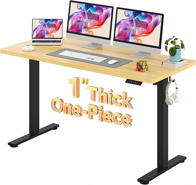 SANODESK Electric Standing Desk 60 x 24 Inches Whole-Piece Desktop Height Adjustable Stand Up Desk w/6-Button Controller Ergonomic Computer Desk for Home Office, Black Frame + Natural Tabletop